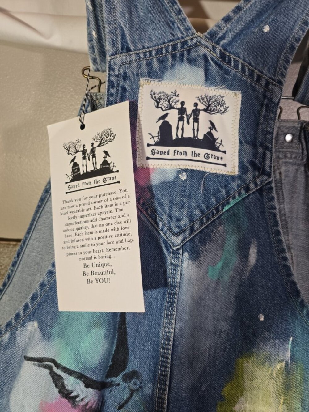 OOAK Upcycled Artwear Oversized Denim Overalls Painted Slow Stitched Boho Whimsy - Picture 10 of 16